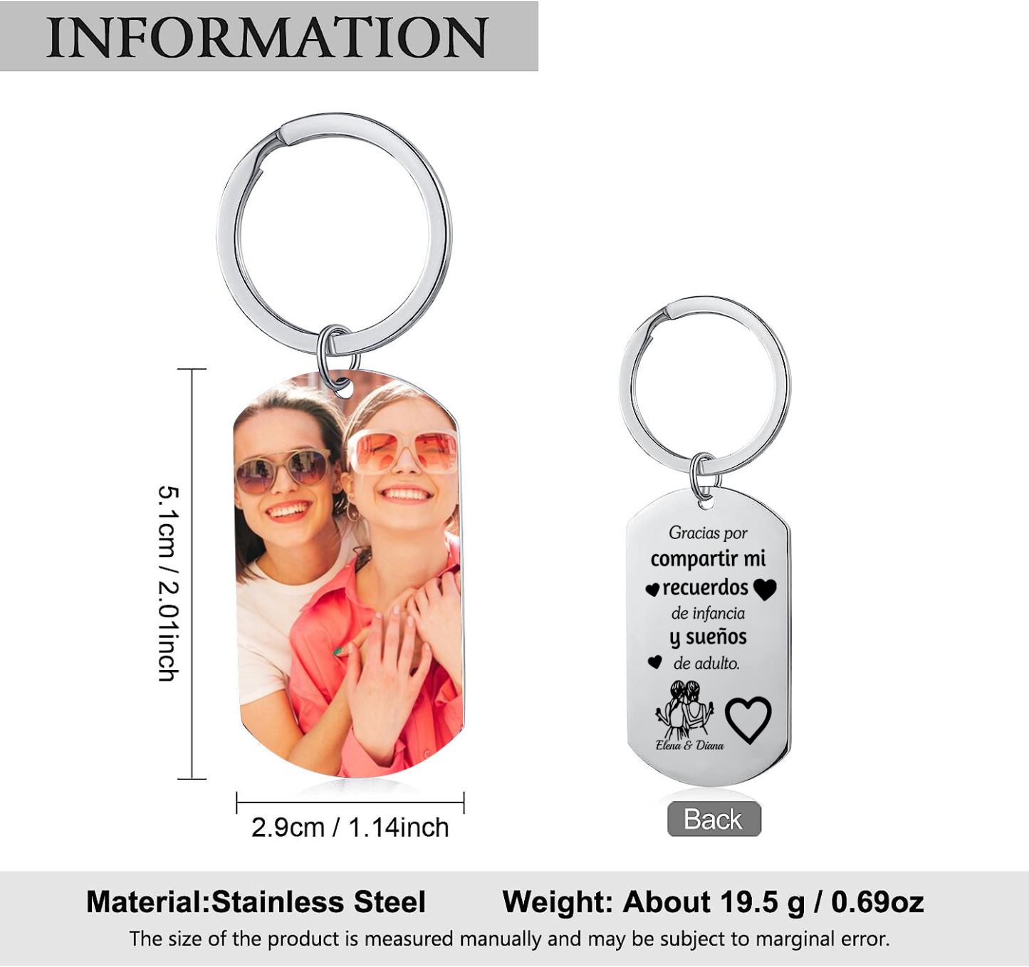 A mi amiga/hermana - Llavero con 2 nombres personalizados con foto-Jessemade ES