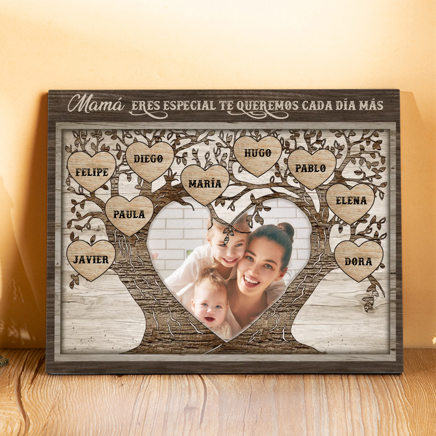 A familia - Lámina 2-9 nombres y 1 foto personalizados marco de madera árbol de la vida-Jessemade ES