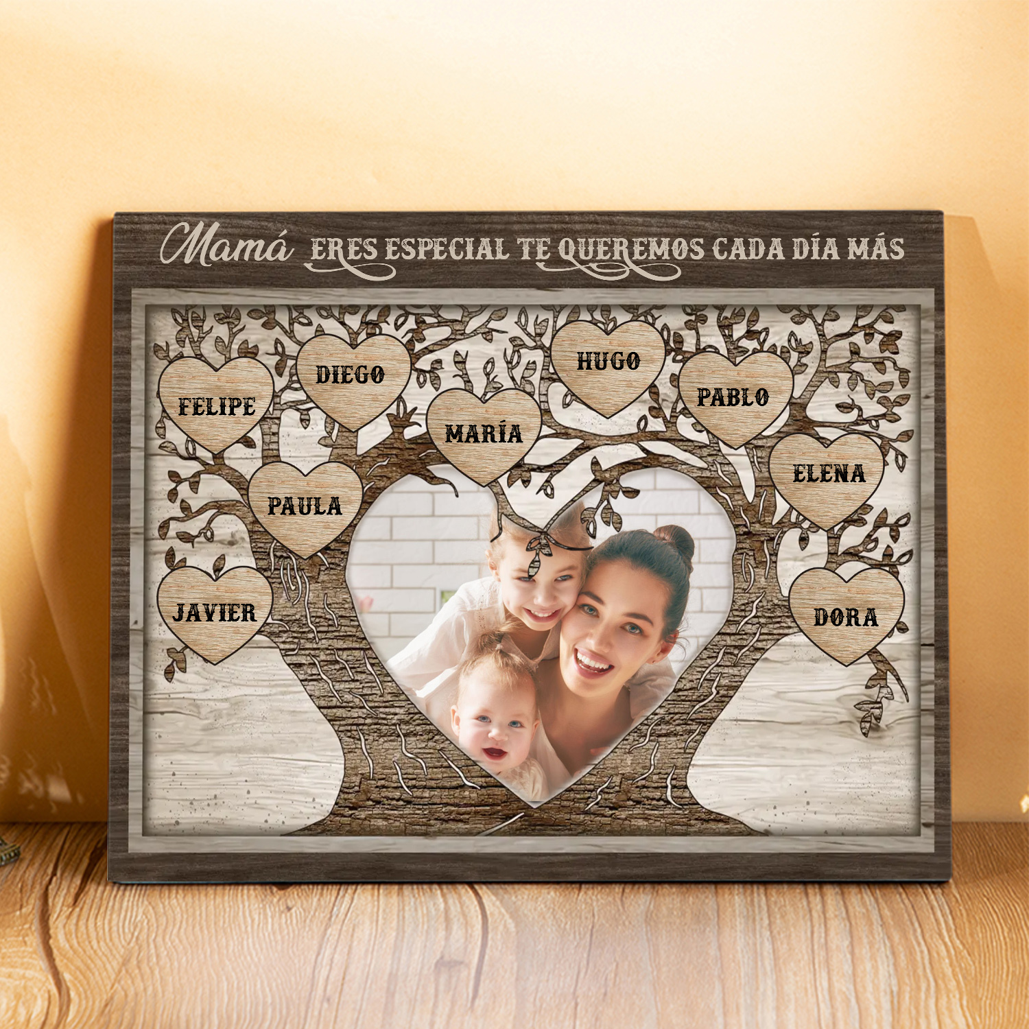 A familia - Lámina 2-9 nombres y 1 foto personalizados marco de madera árbol de la vida-Jessemade ES