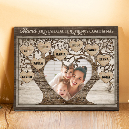 A familia - Lámina 2-9 nombres y 1 foto personalizados marco de madera árbol de la vida-Jessemade ES