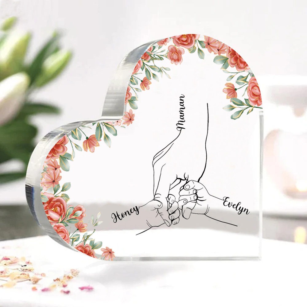 A mi mamá/abuela-Placa de acrílico en forma de corazón mano y manitas 2-6 nombres personalizados-Jessemade ES
