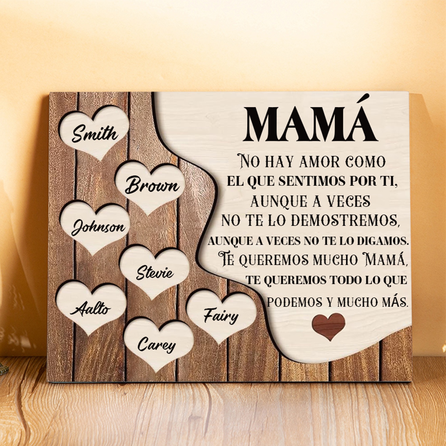 A mi mamá - Lámina 2-8 nombres personalizados marco de madera cara y corazones-Jessemade ES