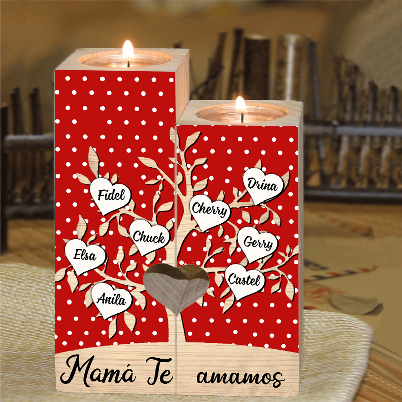 A la familia-Candelero de árbol de la vida de madera personalizado con 3-8 nombres y 1 texto sin vela-Jessemade ES