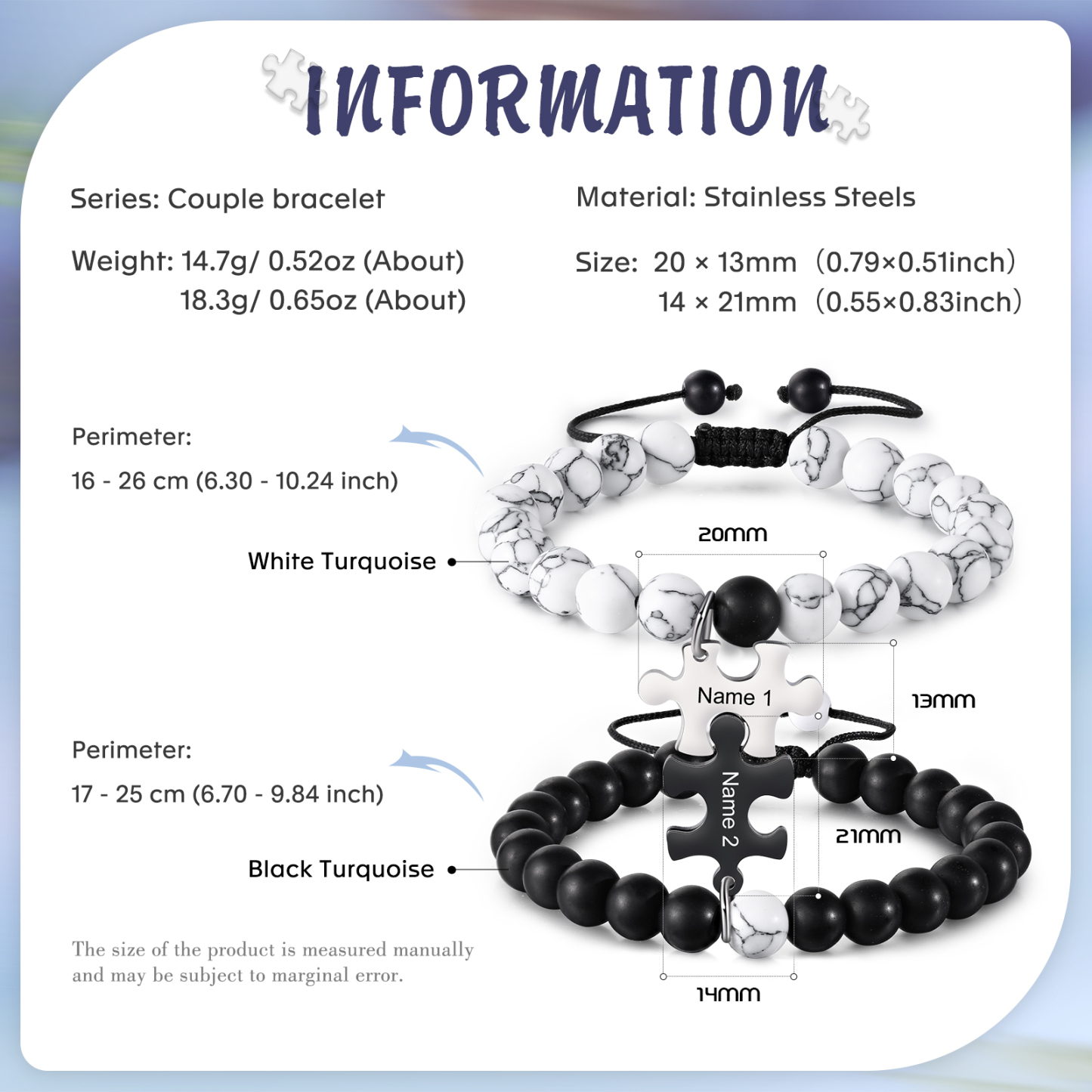 Pulseras de turquesas para pareja con dije de rompecabezas nombre personalizado