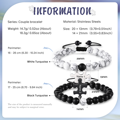 Pulseras de turquesas para pareja con dije de rompecabezas nombre personalizado