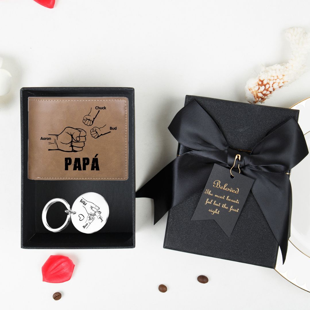 A Mi Papá-Unidad de llavero y cartera con caja personalizados con 3 nombres-Jessemade ES