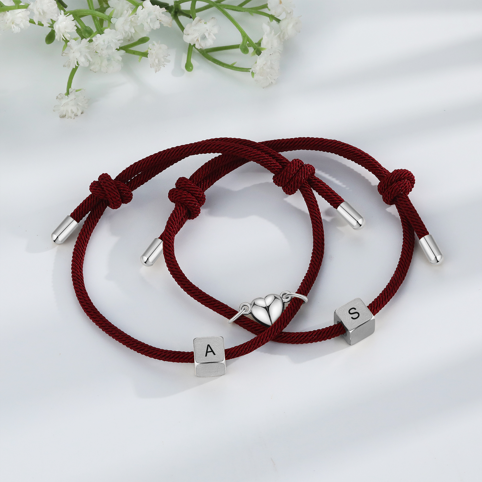 Pulseras de cuerda personalizadas para pareja con dije de corazón magnético grabado de dos letras-Jessemade ES