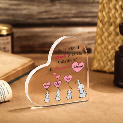 A mi mamá/abuela-Placa de acrílico en forma de corazón elefantes 2-5 nombres personalizados-Jessemade ES