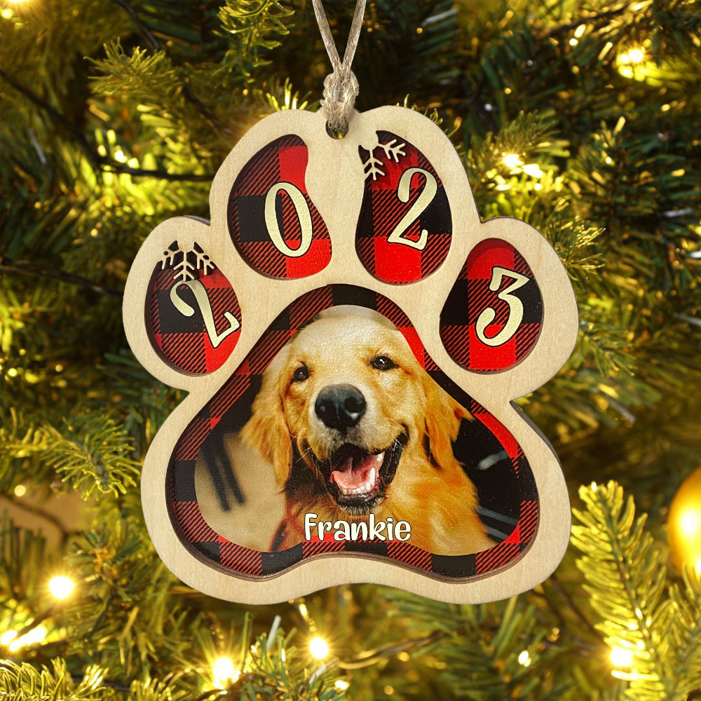 Navidad-Ornamento navideño de madera pata de perro con 1 nombre y 1 foto personalizados