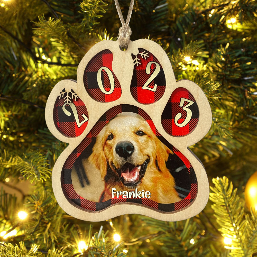 Navidad-Ornamento navideño de madera pata de perro con 1 nombre y 1 foto personalizados