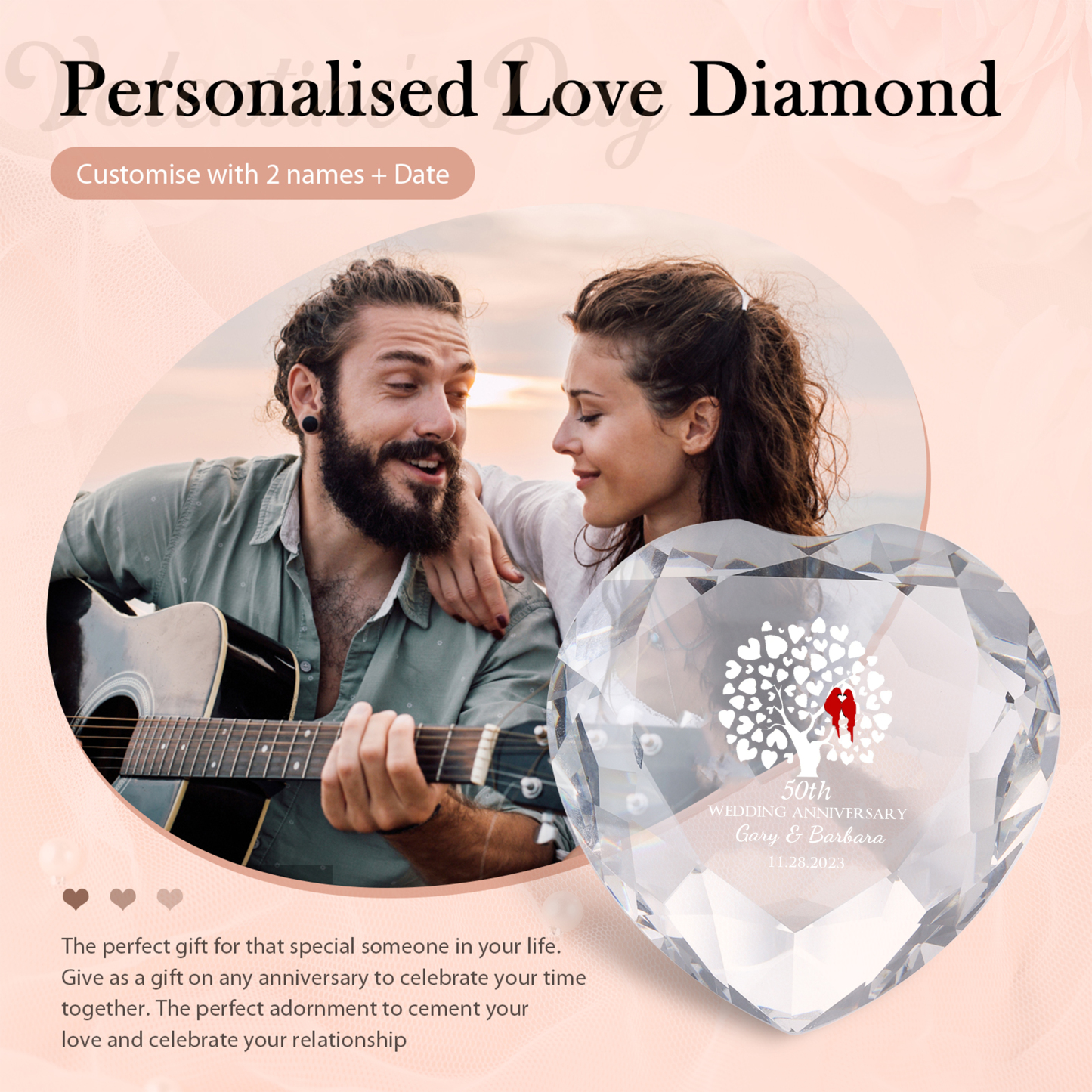 Decoración de vidrio de corazón con 2 nombres, 1 texto y fecha personalizados para el AMOR-Jessemade ES