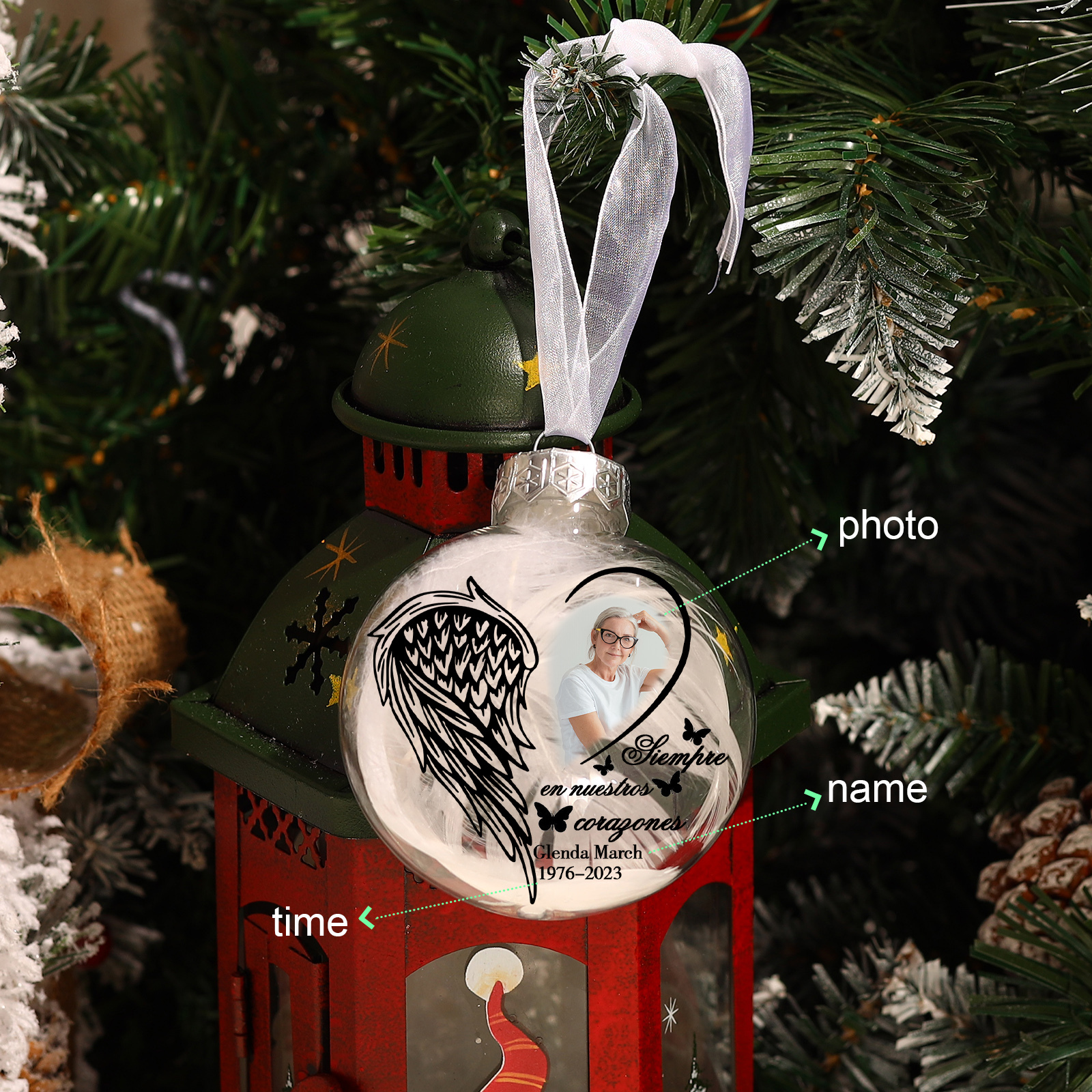 Bola navideña conmemorativa Adorno de Navidad 1 nombre, 1 foto y años personalizados con pluma -Jessemade ES