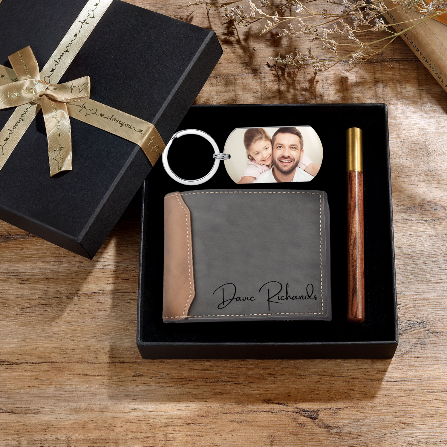 Kit de regalo-Llavero, cartera y bolígrafo con 2 textos personalizados con 2 fotos para hombre-Jessemade ES