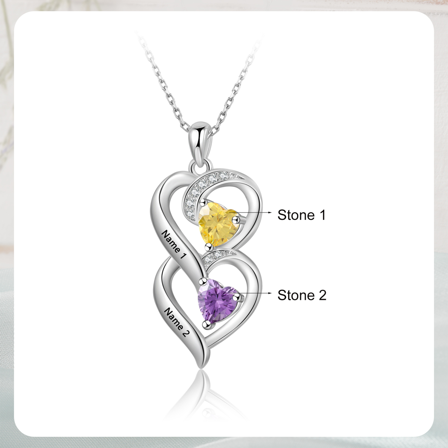 Collar de dos corazones con 2 nombres y piedras de nacimiento personalizados-Jessemade ES