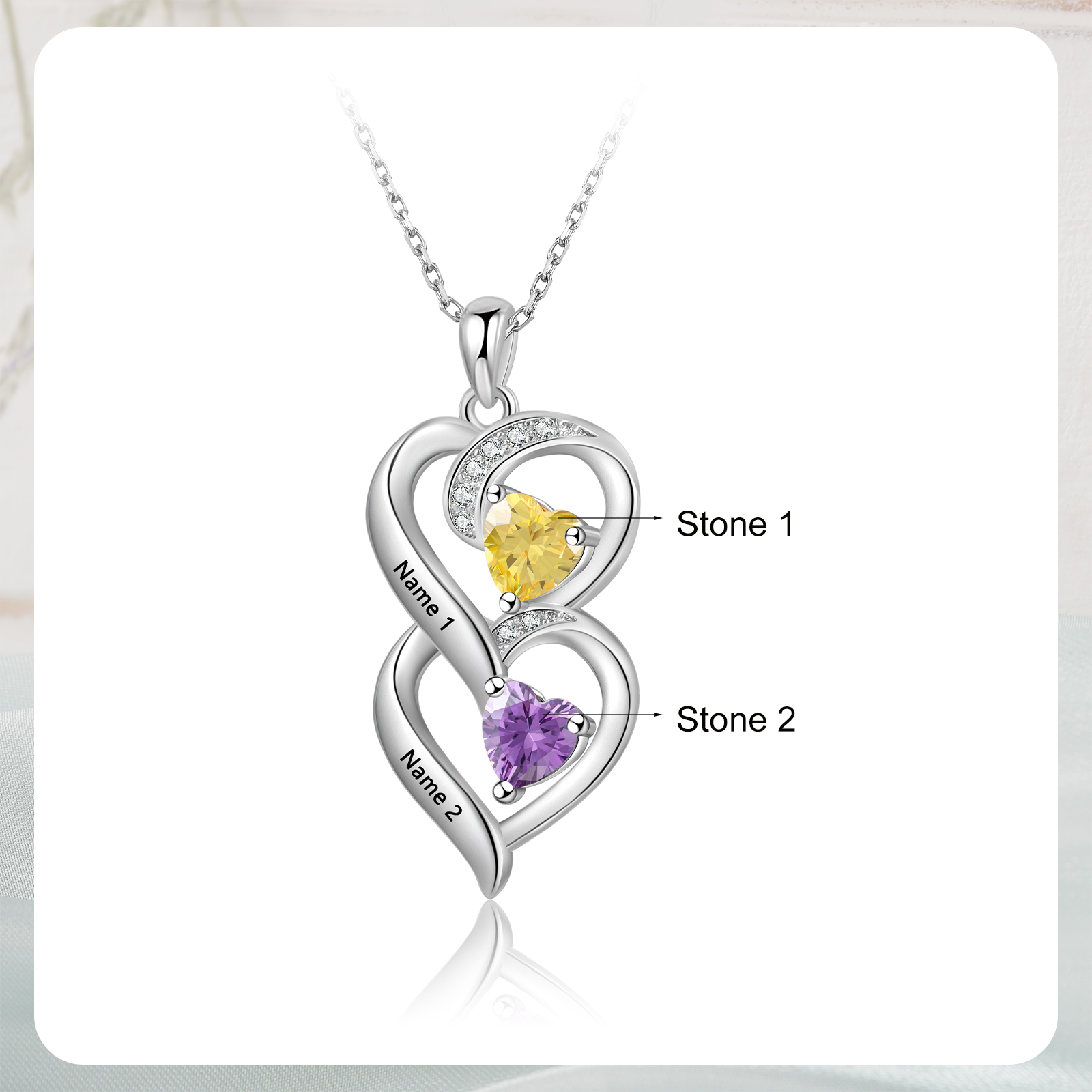 Collar de dos corazones con 2 nombres y piedras de nacimiento personalizados-Jessemade ES