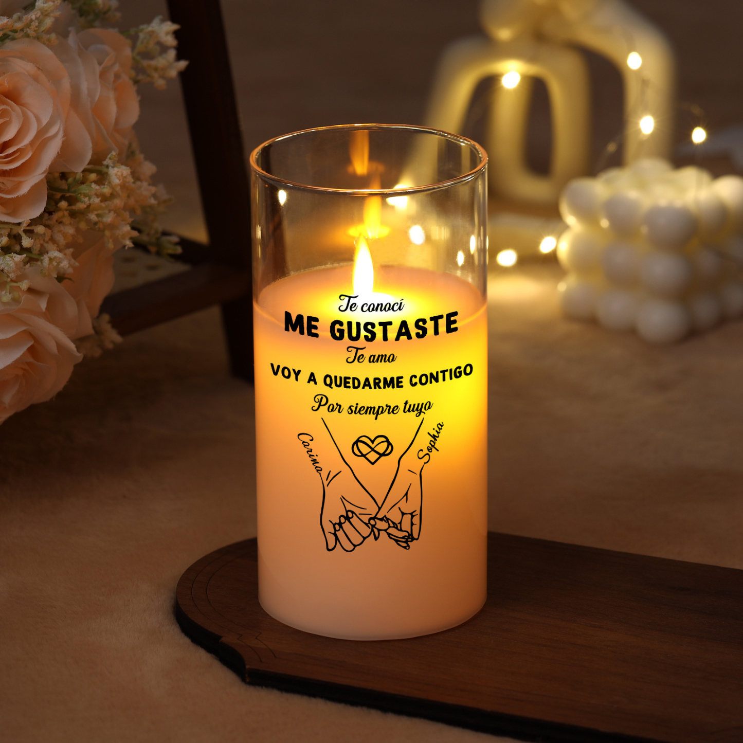 Vela LED de cristal personalizable con nombres. Regalo de San Valentín, cumpleaños o Navidad para pareja enamorada, para ella o él, marido y mujer | Jessemade