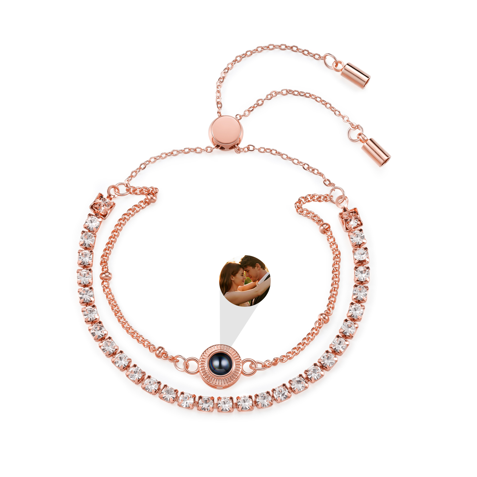 Pulsera de proyección de foto personalizada con doble fila de pedrería, pulsera ajustable para mujer