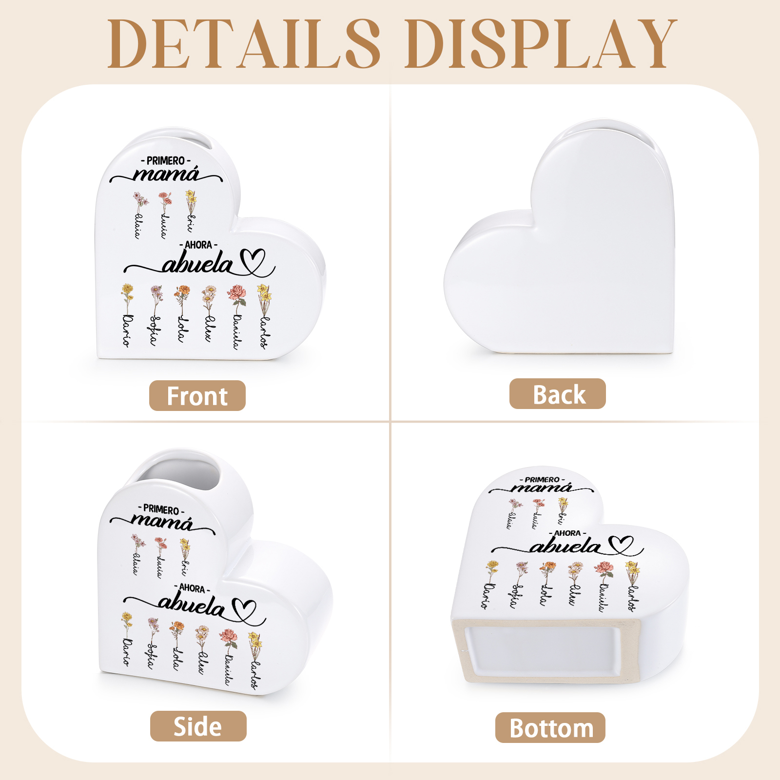 Jarrón de corazón de cerámica personalizado con 2 a 12 flores de nacimiento y nombre a elegir