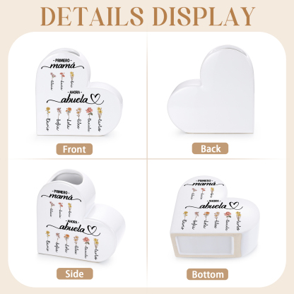 Jarrón de corazón de cerámica personalizado con 2 a 12 flores de nacimiento y nombre a elegir