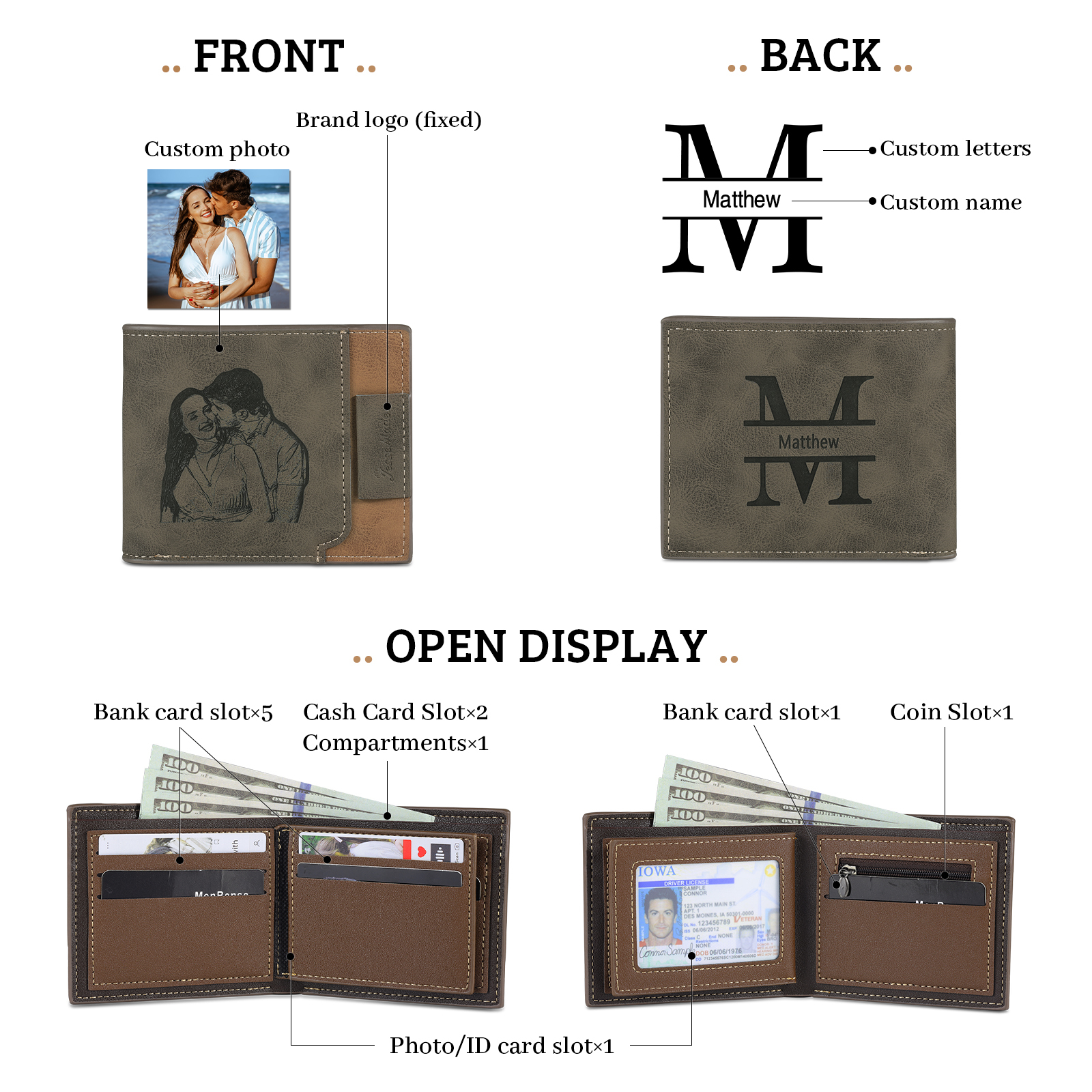 Cartera, billetera personalizada con 1 foto, 1 nombre y 1 letra monedero para hombre-Jessemade ES