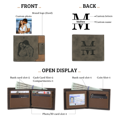 Cartera, billetera personalizada con 1 foto, 1 nombre y 1 letra monedero para hombre-Jessemade ES