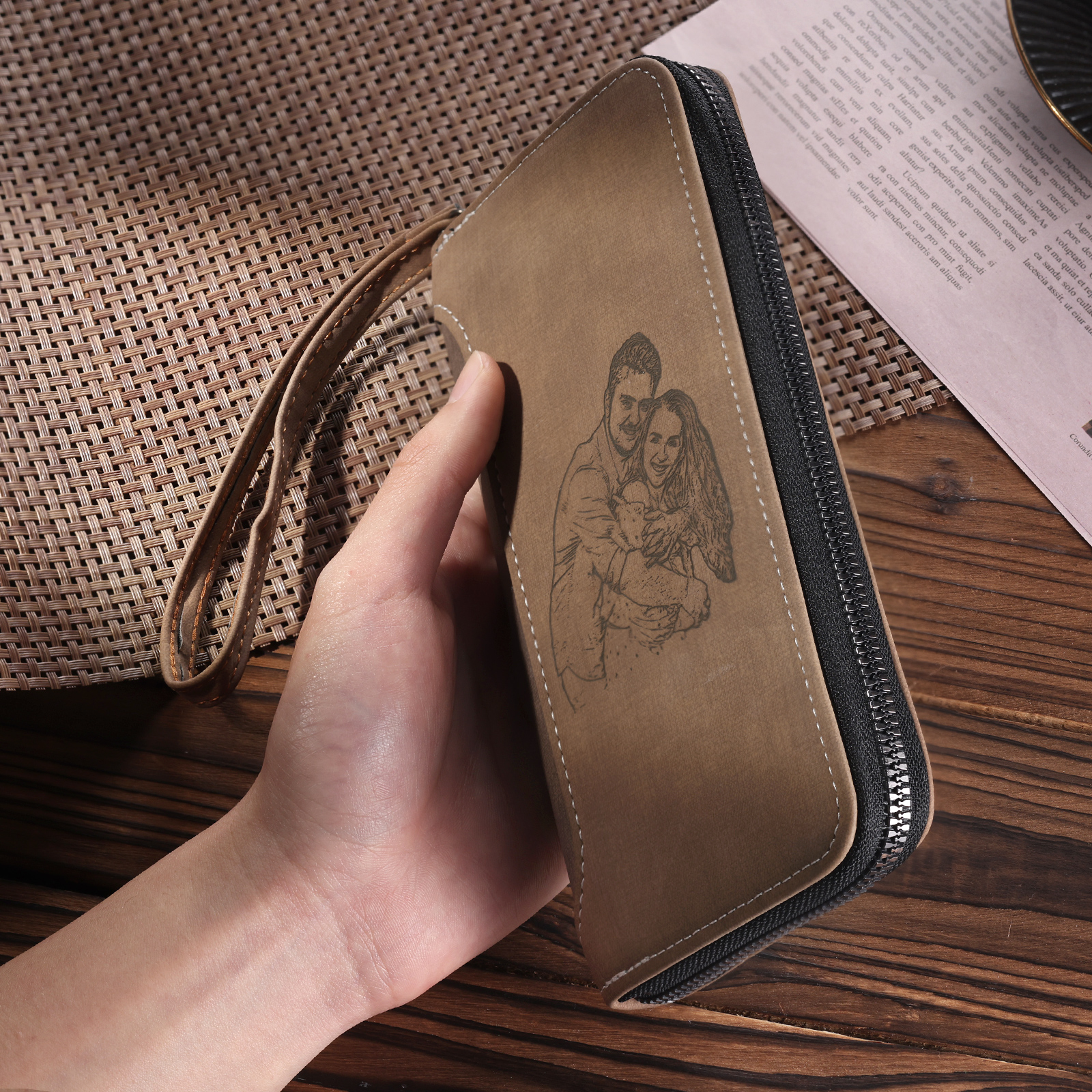 Cartera, billetera con cierre personalizada con 1 foto y 1 texto monedero para hombre-Jessemade ES