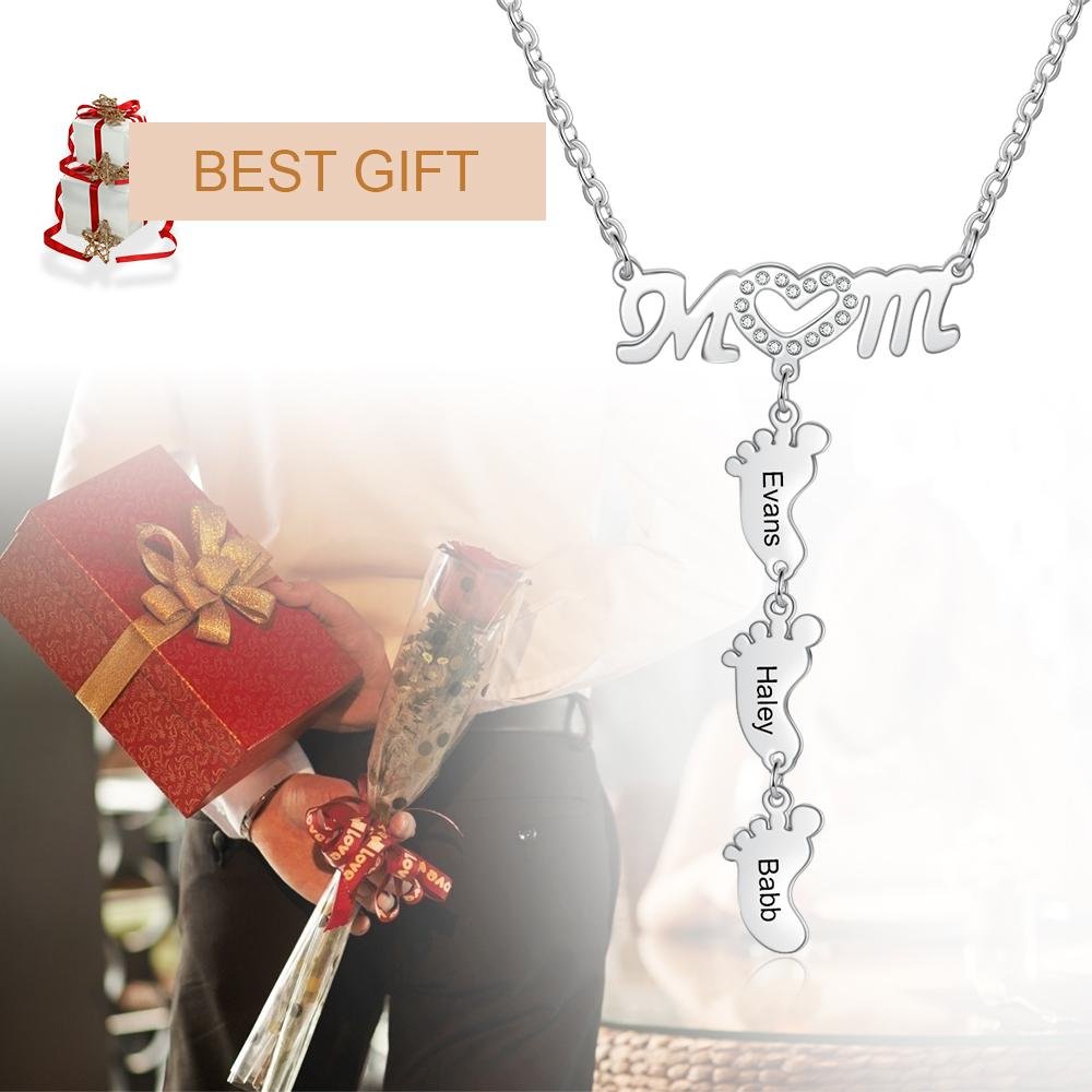 Collar "MoM" con colgante de huellas personalizadas con 3 nombres-Jessemade ES