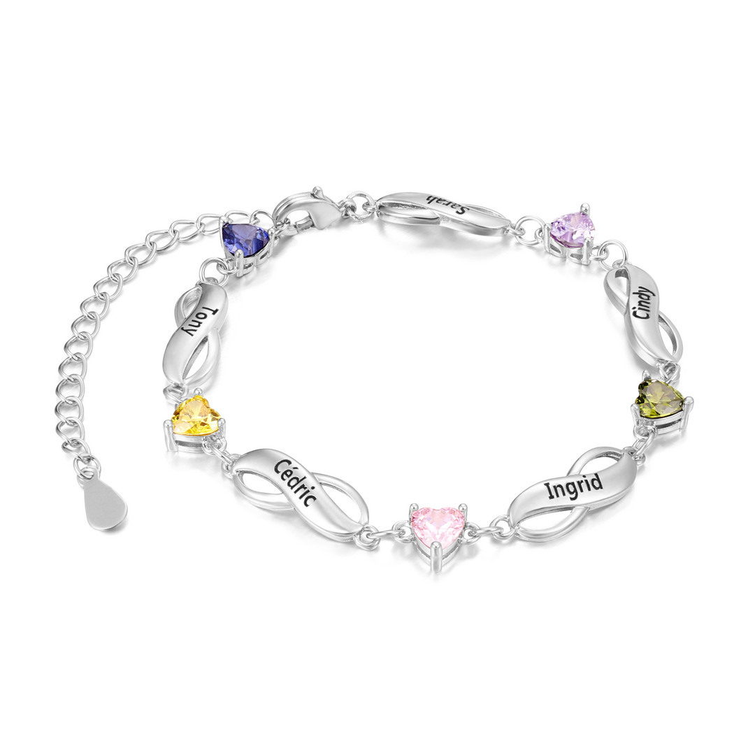 Pulsera "infinito" personalizada con 5 nombres y 5 piedras de nacimiento de corazón-Jessemade ES
