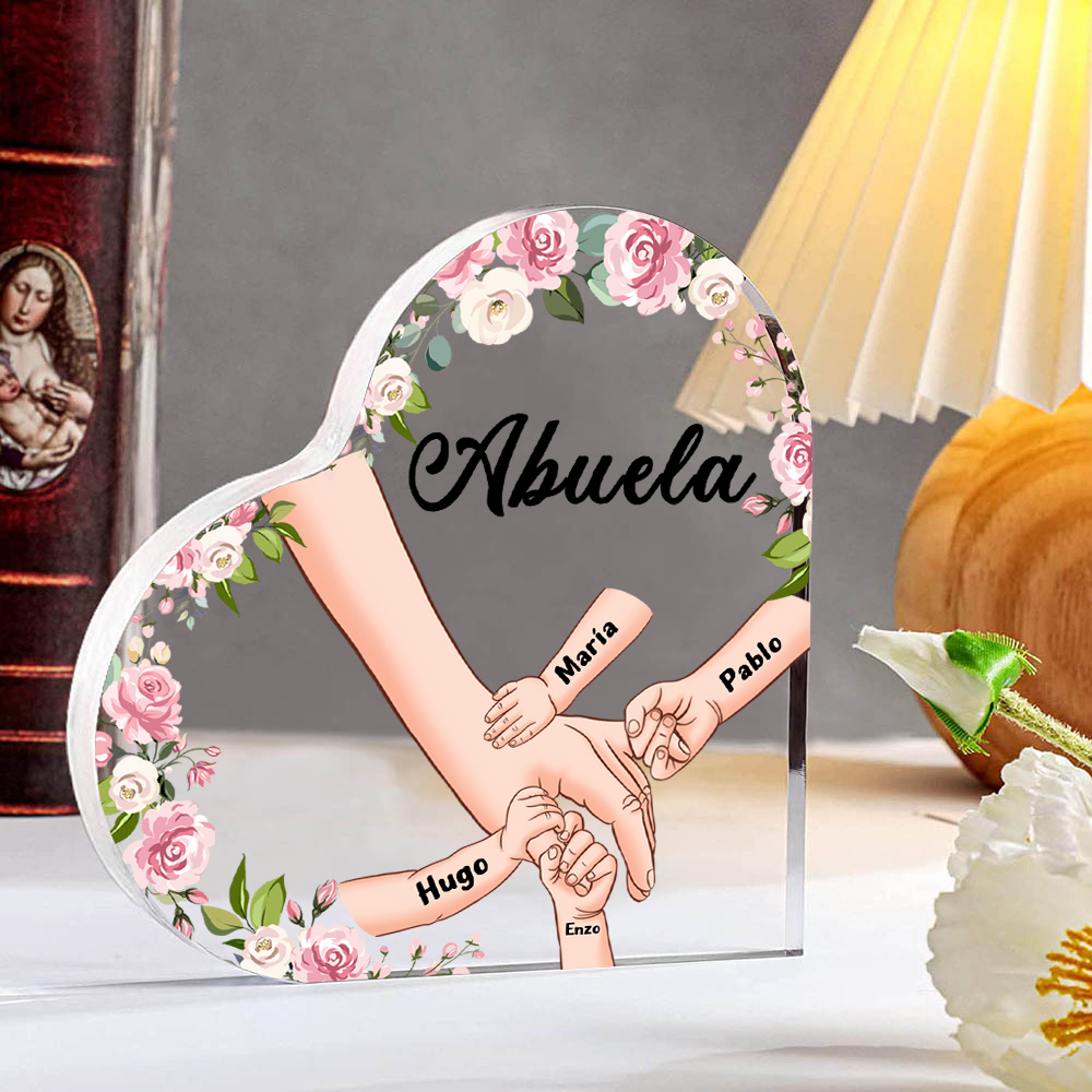 A mi mamá/abuela-Placa de acrílico en forma de corazón mano a mano con 1 texto y 4 nombres personalizados | Jessemade