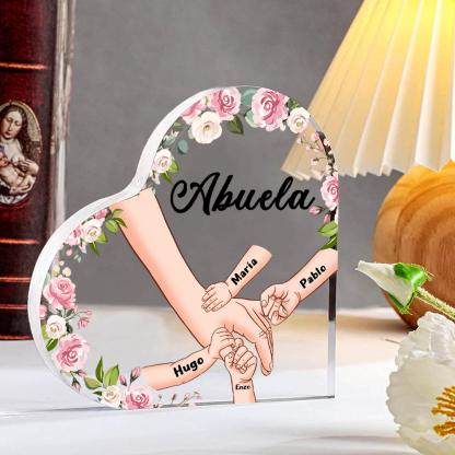 A mi mamá/abuela-Placa de acrílico en forma de corazón mano a mano con 1 texto y 4 nombres personalizados | Jessemade