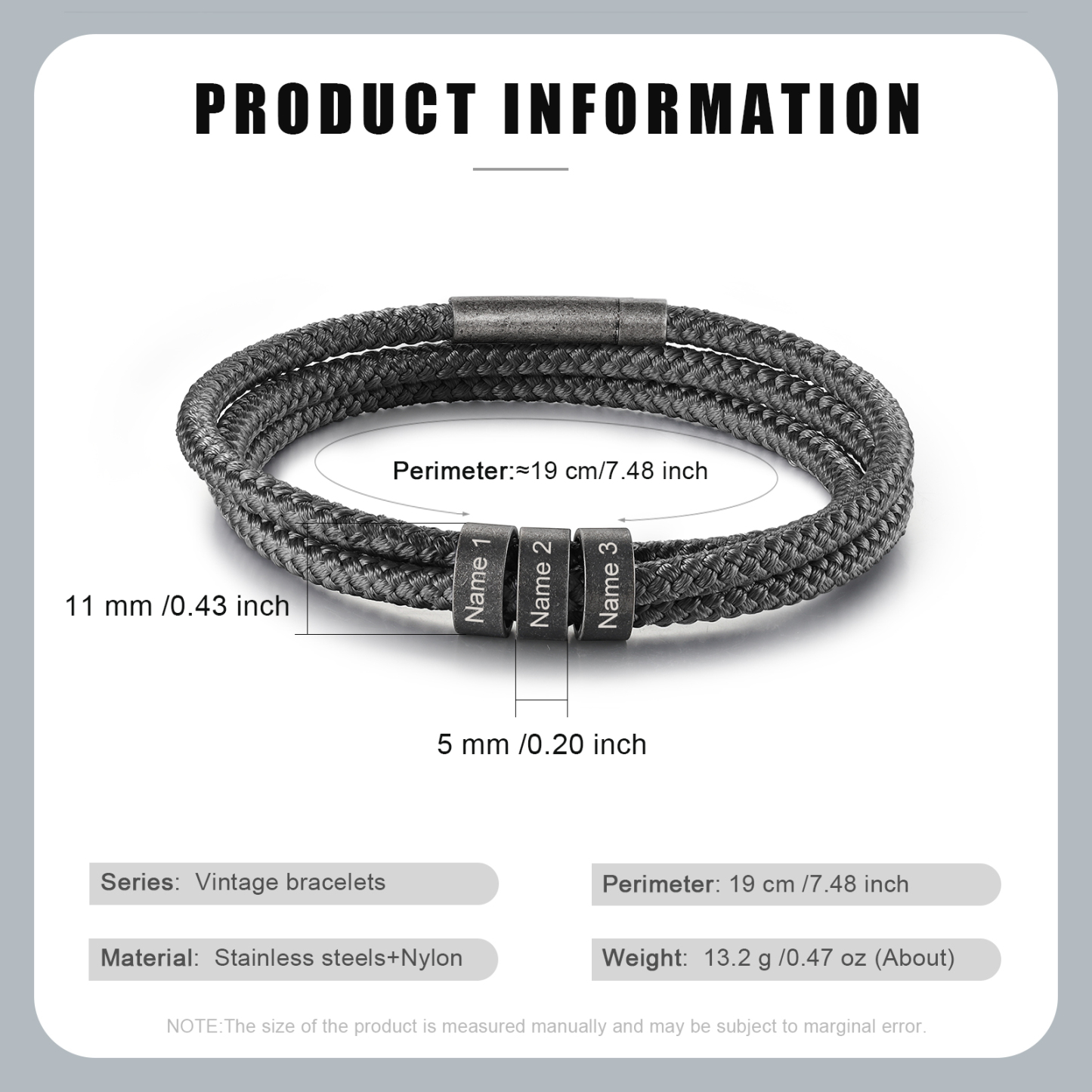 2-4 Nombres Personalizados Pulsera de Triple Cuerda Gris Aros de Acero Inoxidable-Jessemade ES