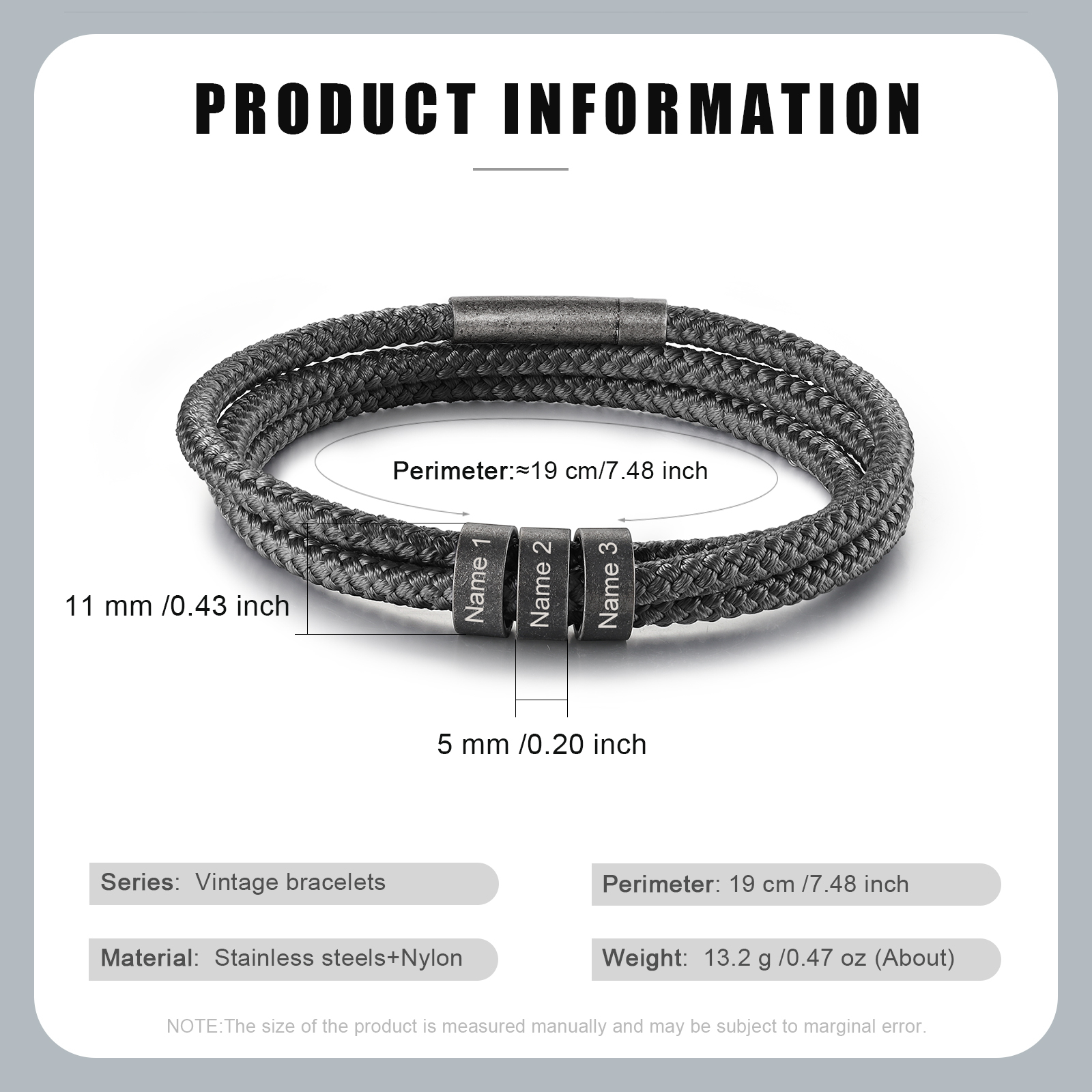 2-4 Nombres Personalizados Pulsera de Triple Cuerda Gris Aros de Acero Inoxidable-Jessemade ES