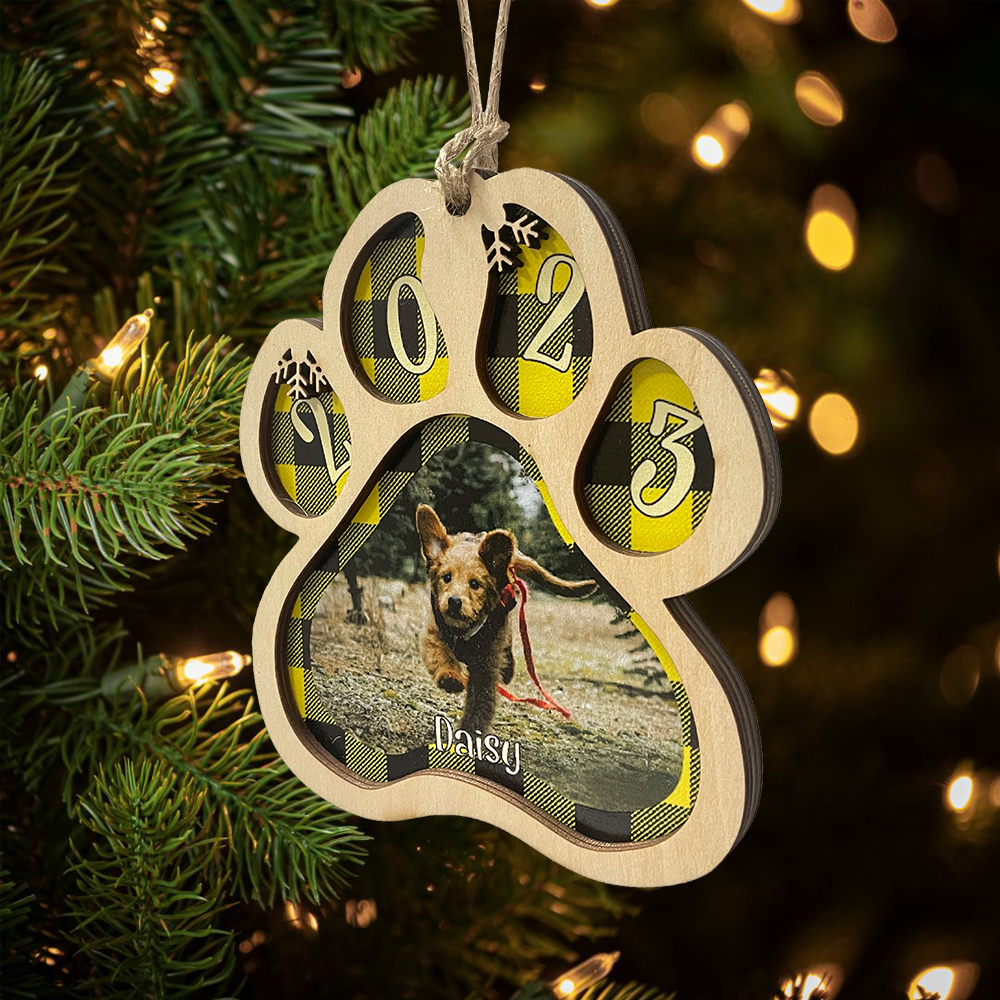 Navidad-Ornamento navideño de madera pata de perro con 1 nombre y 1 foto personalizados