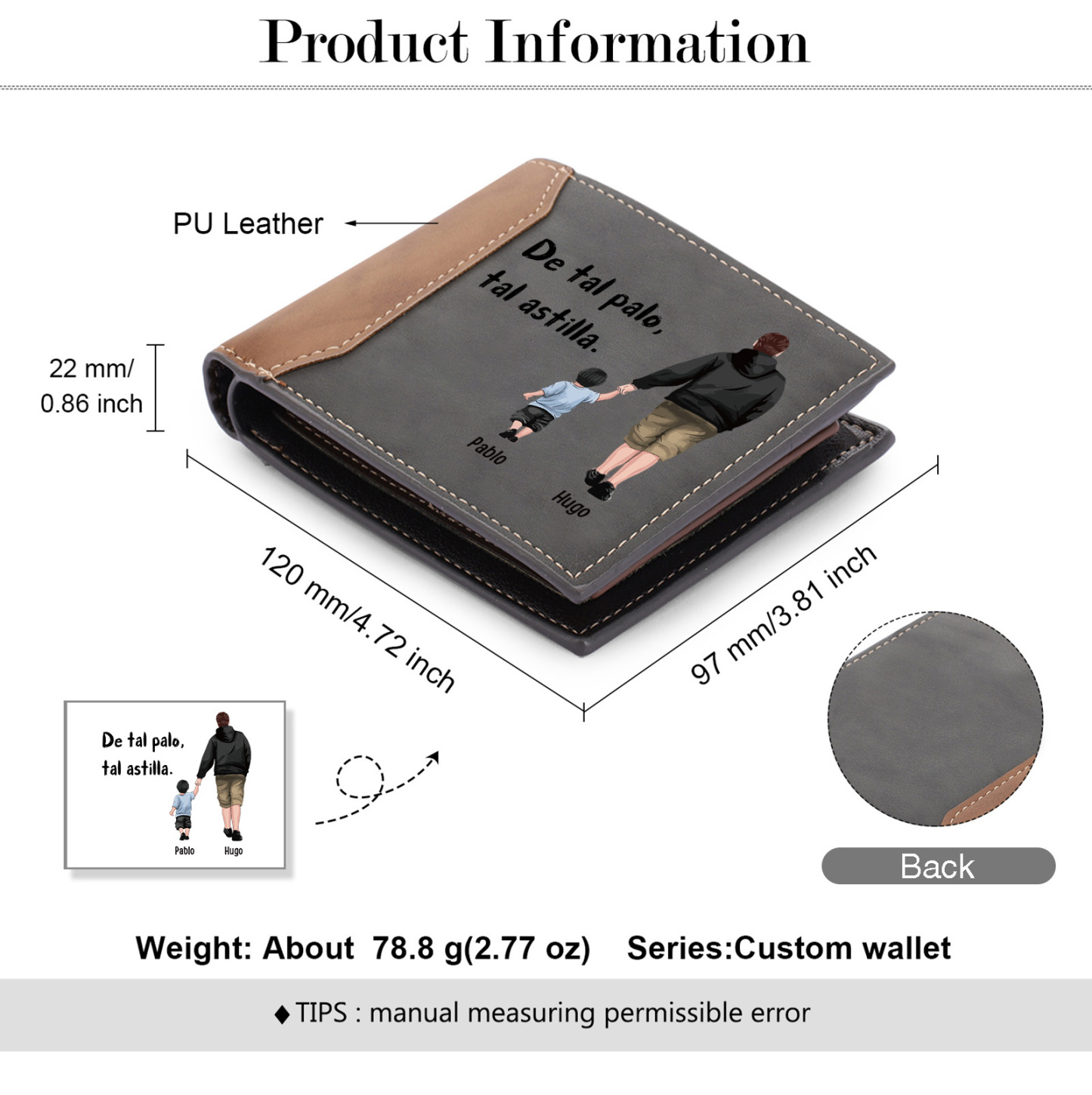 A mi papá-Cartera, billetera clásica siluetas 2-3 nombres personalizados para hombre monedero-Jessemade ES