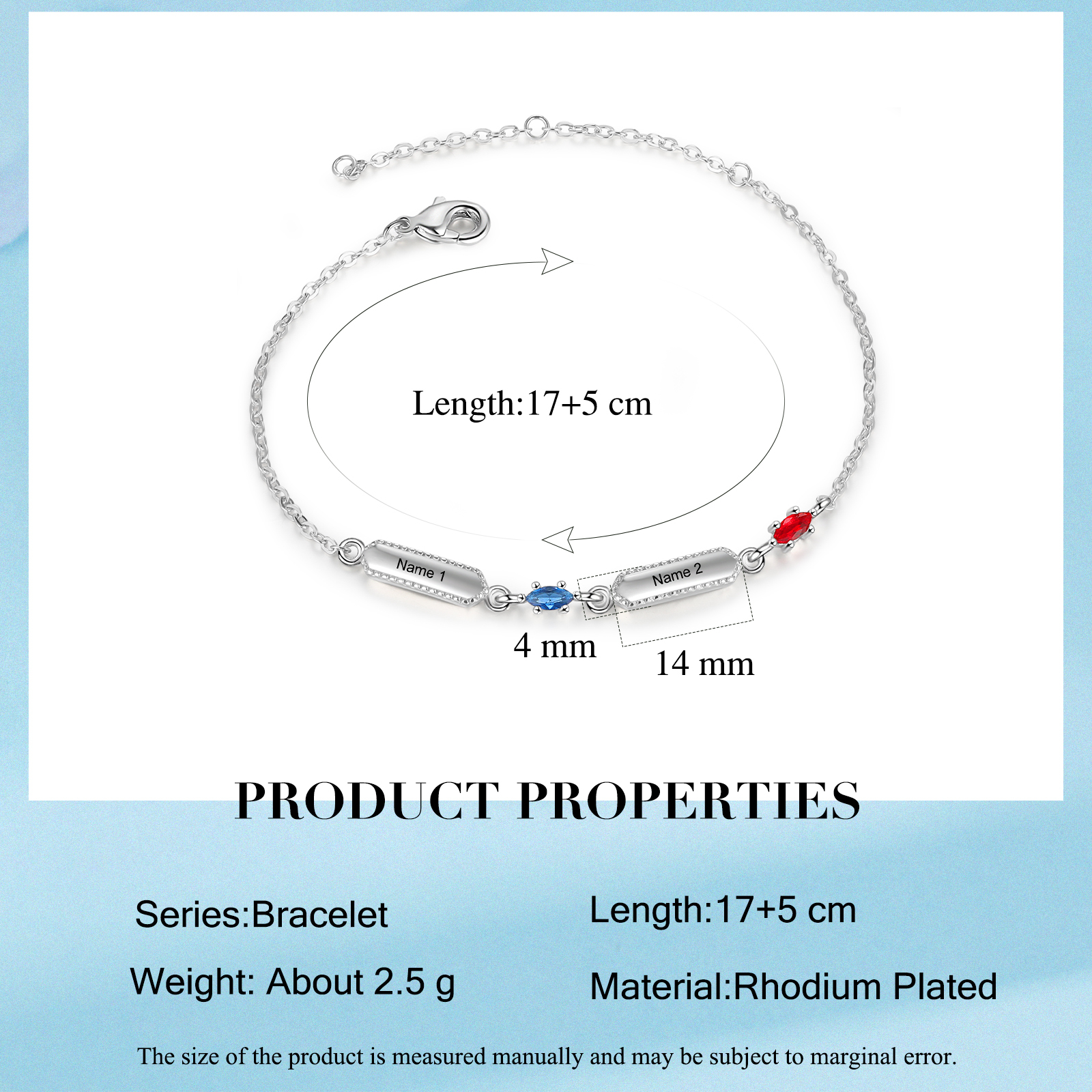 Pulsera infinito para mujer y placa personalizada con 2 nombres y 2 piedras de nacimiento-Jessemade ES