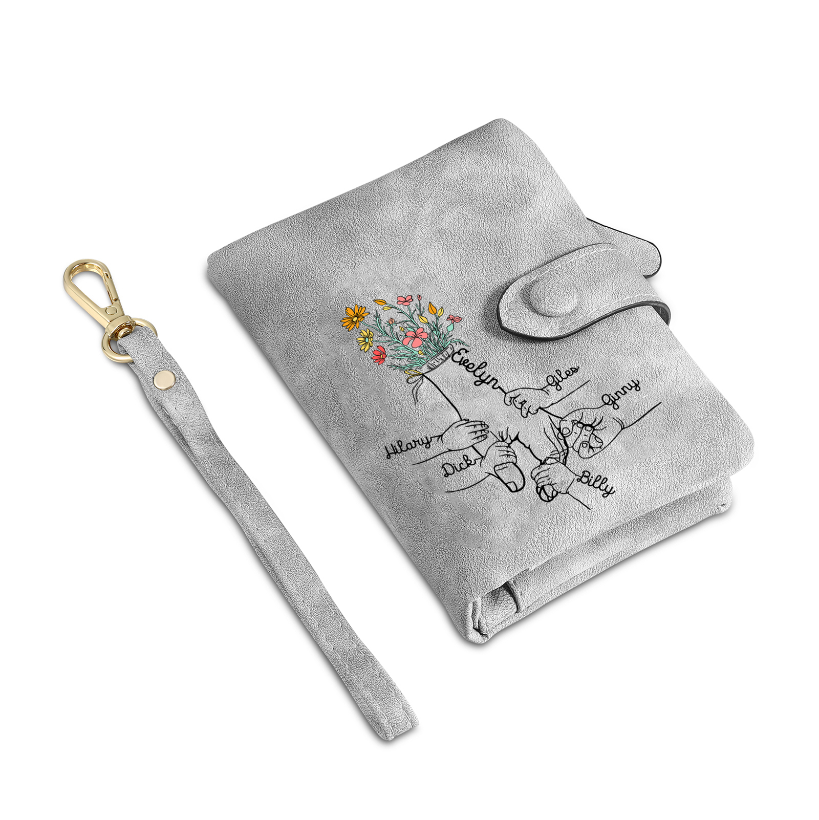 Cartera, billetera con 6 nombres y 1 foto personalizados mano con manito monedero clásico para mujer-Jessemade ES