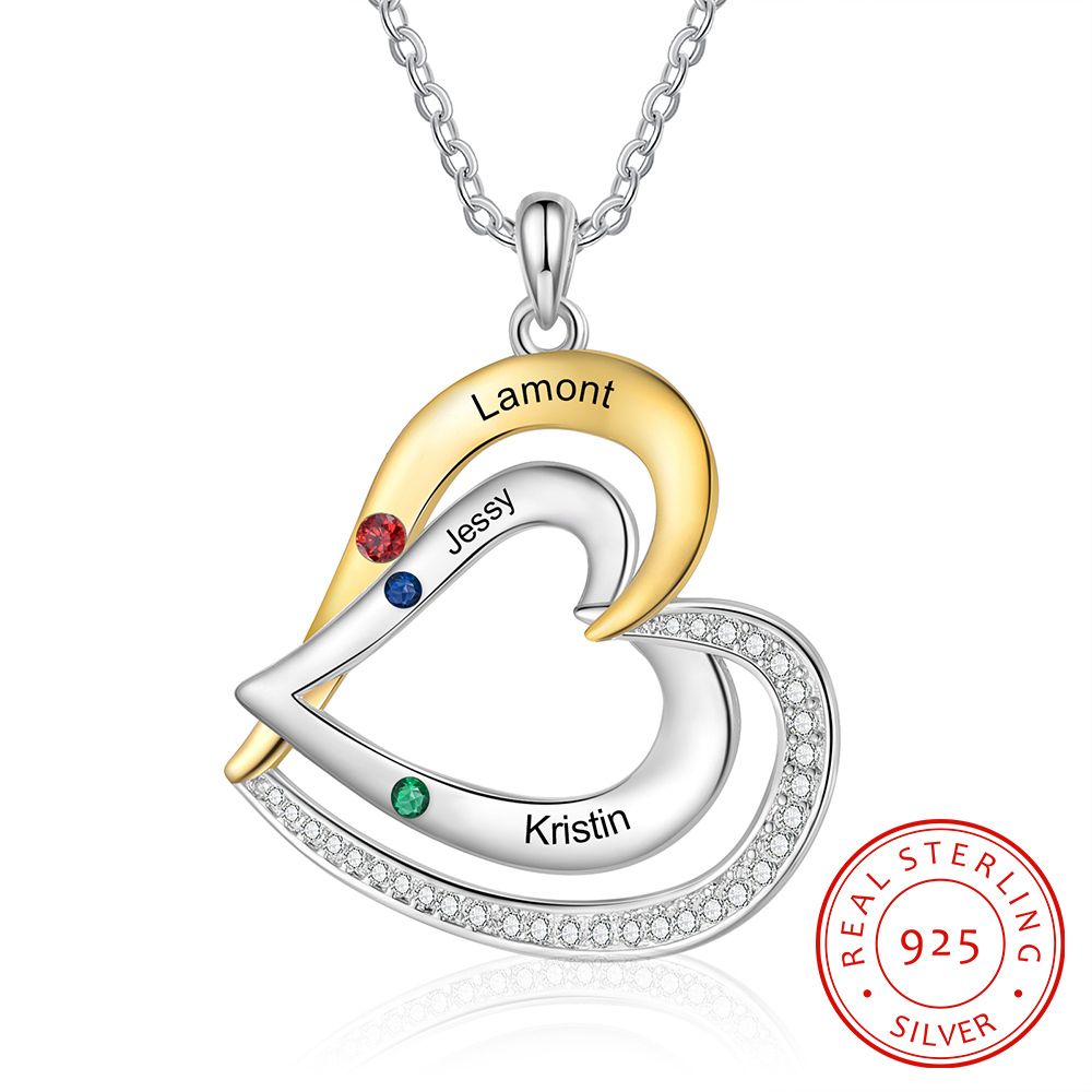 Collar de corazón de plata 925 con 3 nombres y piedras de nacimiento personalizado-Jessemade ES