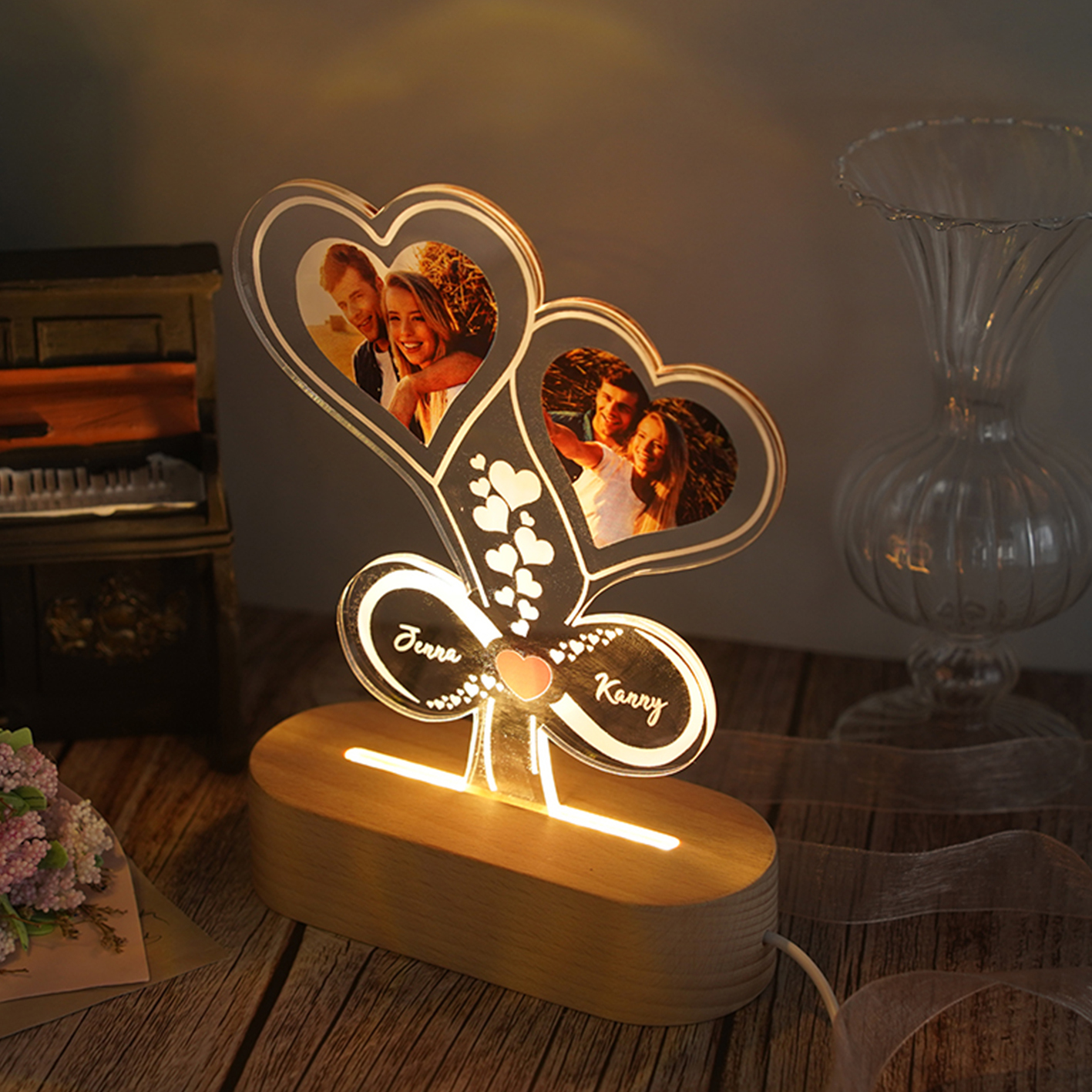 Lámpara para pareja 3D Ilusión Luz de Noche LED de corazón 2 nombres y 2 fotos personalizados-Jessemade ES