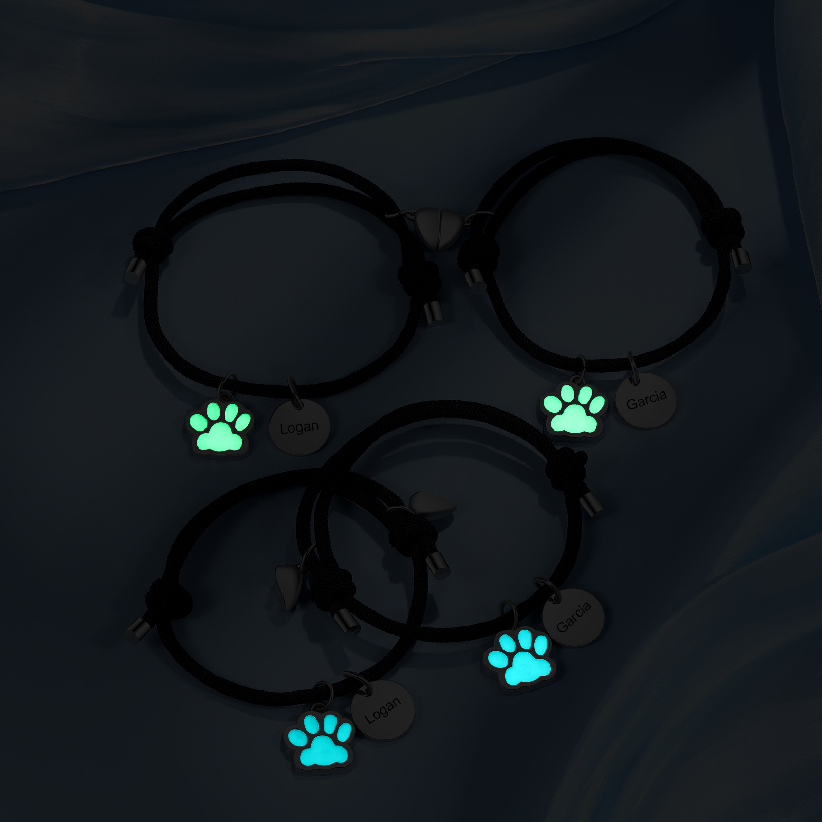 Pulsera para pareja de pata fluorescente 2 nombres personalizados con dije de corazón magnético-Jessemade ES