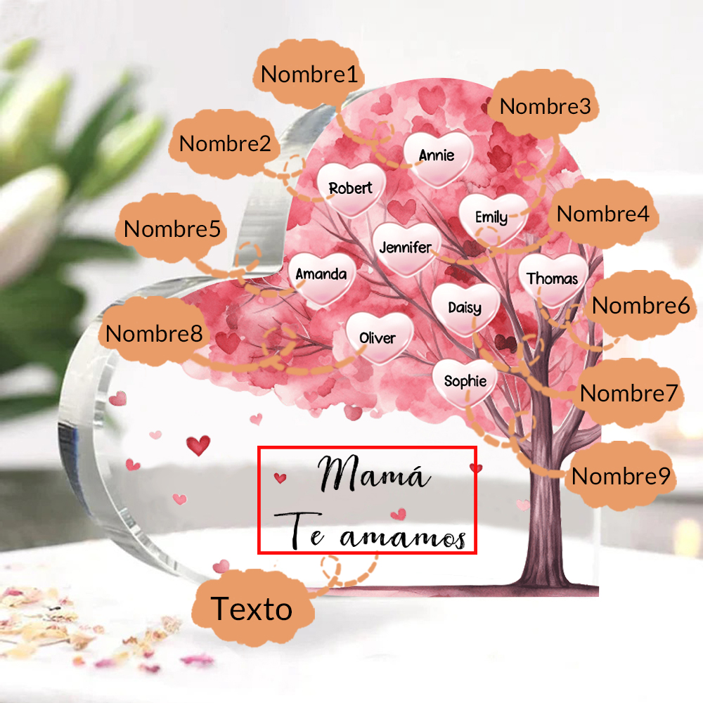 A mi mamá/abuela-Placa de acrílico "Árbol" en forma de corazón 9 nombres y 1 texto personalizados-Jessemade ES