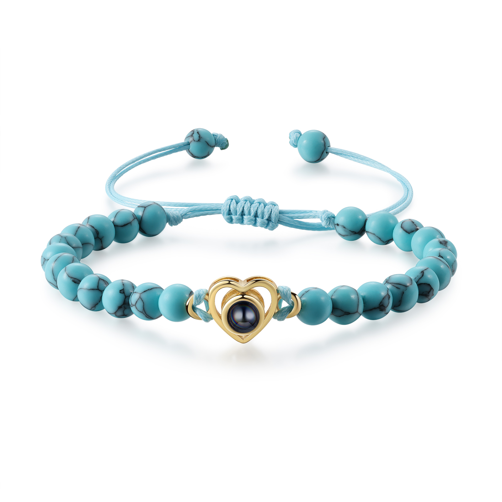 Pulsera de turquesa verde sintética con proyección de foto en color con dije de corazón pulsera ajustable-Jessemade ES