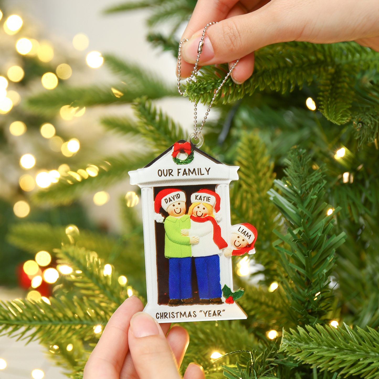 Navidad-Ornamentos Navideños de Acrílico Familia en Puerta 3 Nombres Personalizados con 2 Textos