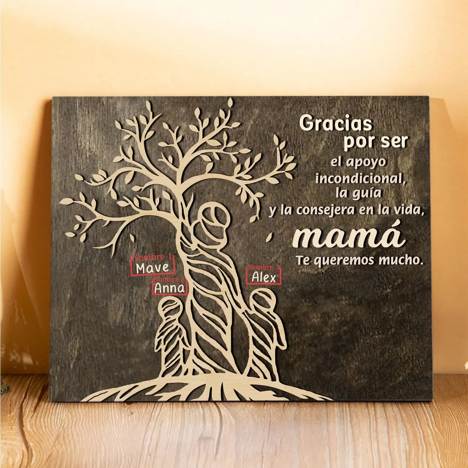 A mi mamá-Lámina mujer de árbol marco de madera personalizado con 3 nombres-Jessemade ES