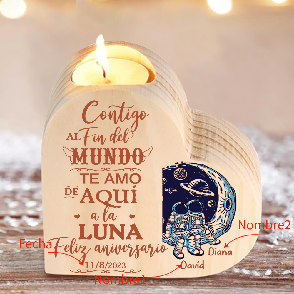 Aniversario-Candelero de madera para pareja con texto amoroso y luna sin vela personalizado con nombres y fecha-Jessemade ES