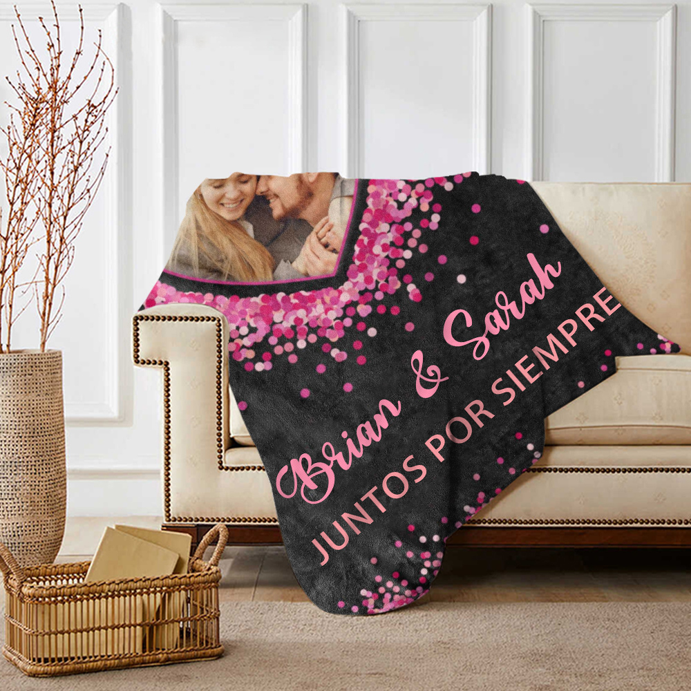 Pareja-Manta de buen calidad de corazones conectados personalizada con nombres y foto-Jessemade ES
