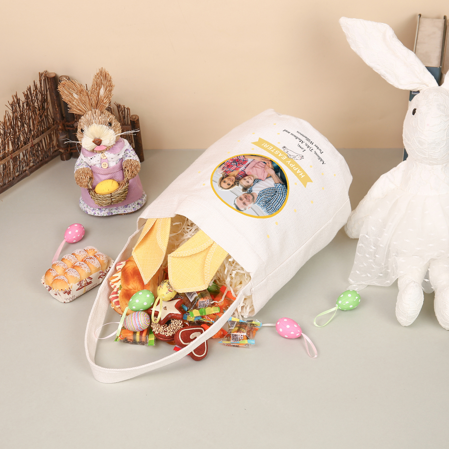 Pascua-Bolsa de conejo con 2 textos y 1 foto personalizados-Jessemade ES