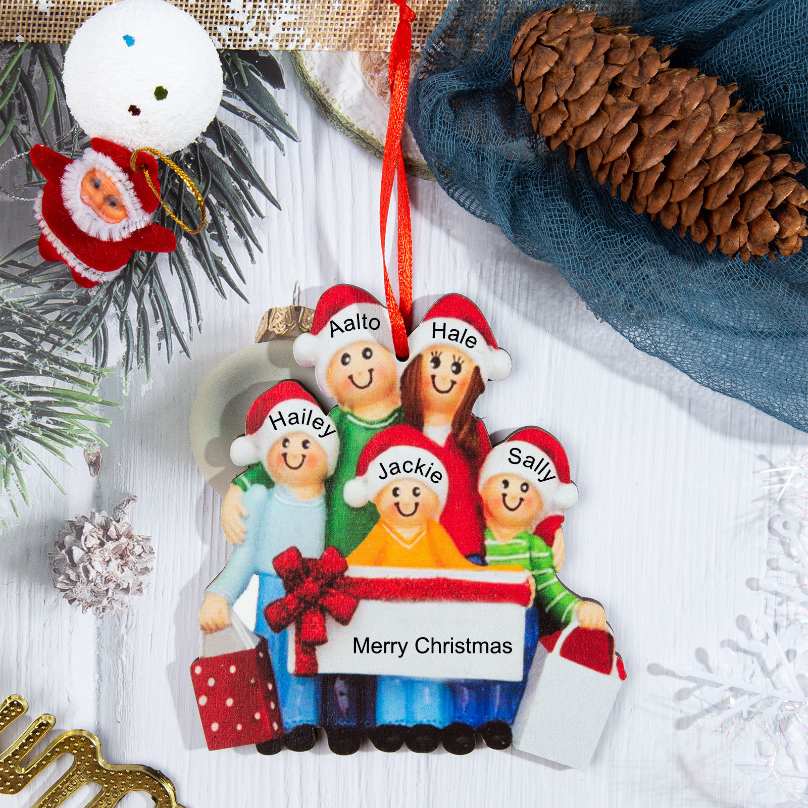 Navidad-Muñeco Ornamento Navideño 3 Nombres y Texto Personalizados Adorno de Madera