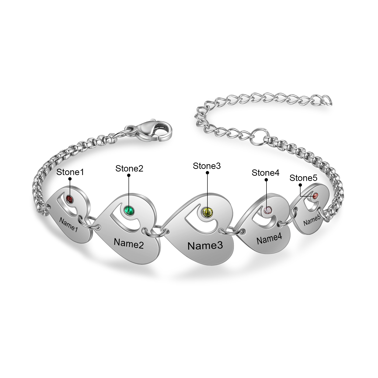 Pulsera de corazón personalizada con 5 nombres y 5 piedras de nacimiento-Jessemade ES