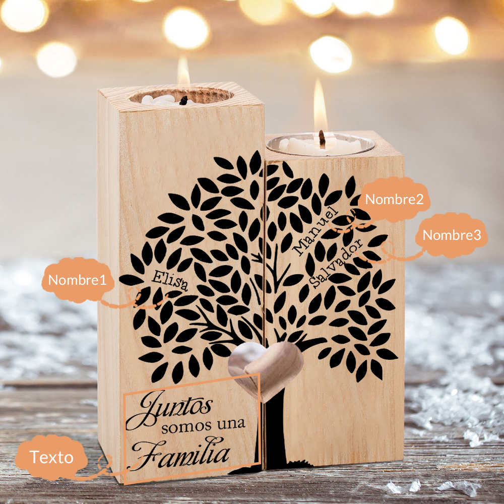 A la familia-Candelero de árbol de la vida de madera personalizado con 2-10 nombres y 1 texto sin vela-Jessemade ES
