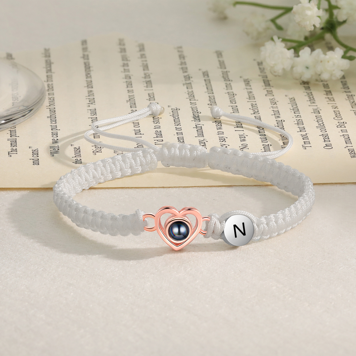 Pulsera con proyección de foto en color con dije de corazón y 2 colores de cuerda ajustable-Jessemade ES